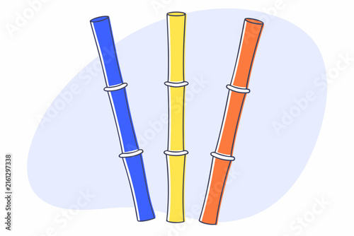 Three colorful drinking straws in blue, yellow, and orange isolated on white background