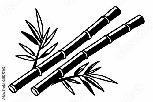 Hand-drawn black bamboo sticks crossed with sharp leaves on clean white background for design projects