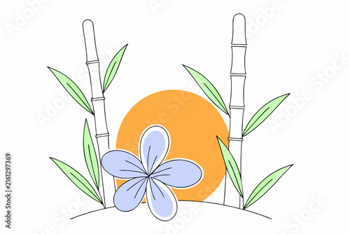 Hand-drawn blue forget-me-not flowers with bamboo stalks in minimalist line art illustration