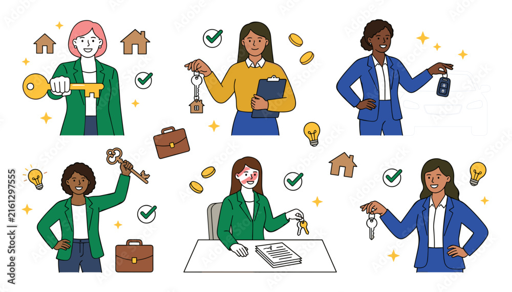 Fototapeta premium Diverse Female Real Estate Agents and Car Dealers Holding Keys Vector Illustration Set Featuring Professional Women Sales Executives Offering New Home Ownership and Automobile Purchasing Solutions