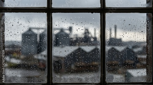 Water Droplets Clinging to Window Panes Overlooking Out of Focus Manufacturing Silhouettes and Overcast Horizon rain raindrop glass window wet water moisture condensation blur blurred industrial