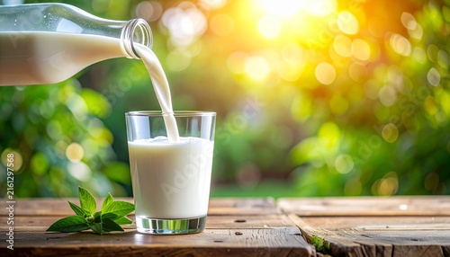 Fresh milk pouring from bottle into glass on wooden table with mint leaves, natural sunny background, healthy dairy drink, nutrition concept
