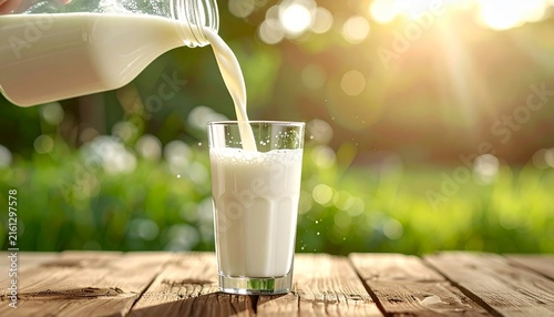 Fresh milk pouring from bottle into glass on wooden table with mint leaves, natural sunny background, healthy dairy drink, nutrition concept
