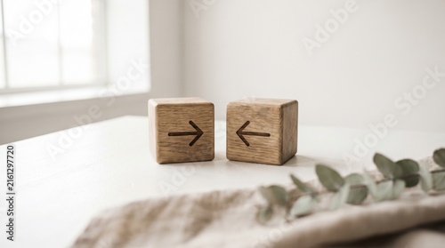 Two wooden blocks with arrows pointing in opposite directions on a white table indoors, direction