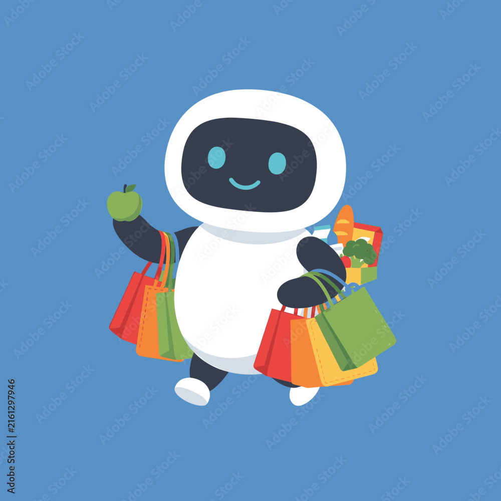 Obraz premium Cute AI Robot Character Holding Fresh Apple and Colorful Grocery Bags for Smart Shopping Assistant Concept