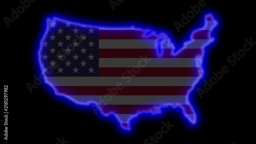 USA map outline neon glow with national flag background
