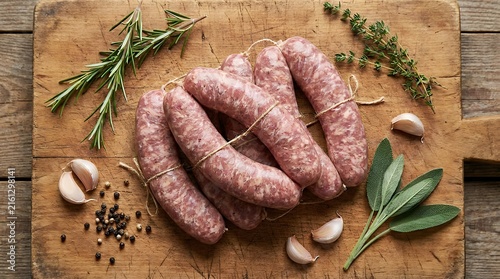 Raw butcher style pork links placed on a wooden chopping block accompanied by fresh herbs and garlic cloves sausages pork raw minced meat casing cutting board thyme garlic fresh homemade rustic