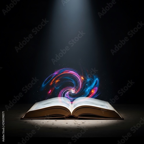 Magic glowing energy swirls from an open book under a spotlight