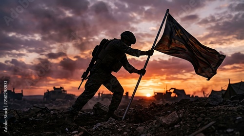 soldier planting flag on battlefield at sunset capturing heroic moment and resilience in wartime silhouette
