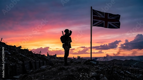 Silent soldier standing amidst war-torn landscape at sunset with classic British flag fluttering gracefully in the evening sky
