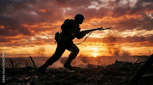 soldier in silhouette advancing through battlefield during a dramatic sunset with intense skies and fiery hues capturing a
