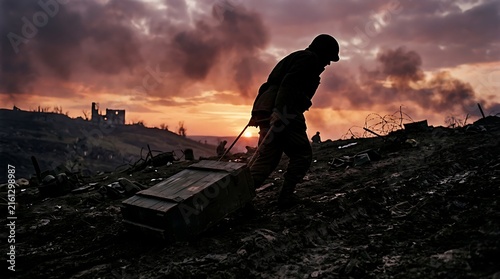 Individual Navigating Through a Desolate Wasteland at Sunset with a wheeled cart