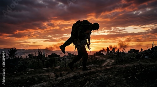 Silhouette of a hiker trekking through rugged terrain during a vibrant sunset in a remote wilderness setting with dramatic skies