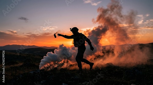 Silhouette of a person jumping amidst volcanic smoke during dramatic sunset scene capturing adventure and natural forces