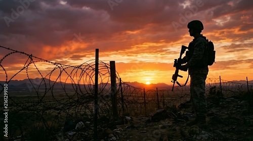 Soldier Standing Guard with Rifle Amidst Barbed Wire Fence at Sunset in a Remote Area