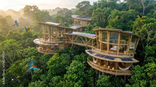 Sustainable eco-treehouses with solar panels in tropical jungle forest.