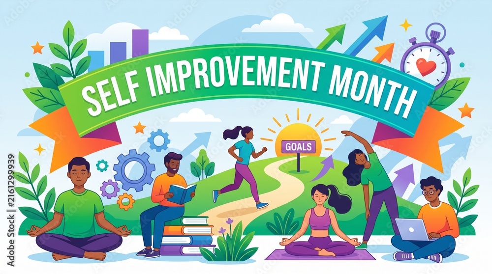 Naklejka premium Self improvement month horizontal vector design featuring people practicing