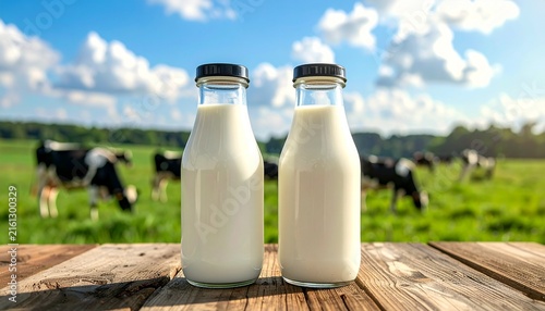 Fresh milk in glass bottles on rustic wooden table with grazing cows in green pasture background, blue sky, organic dairy farm concept, healthy nutrition.
