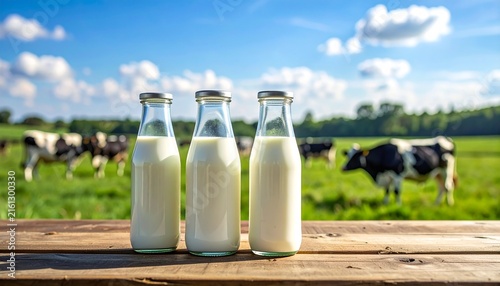 Fresh milk in glass bottles on rustic wooden table with grazing cows in green pasture background, blue sky, organic dairy farm concept, healthy nutrition.
