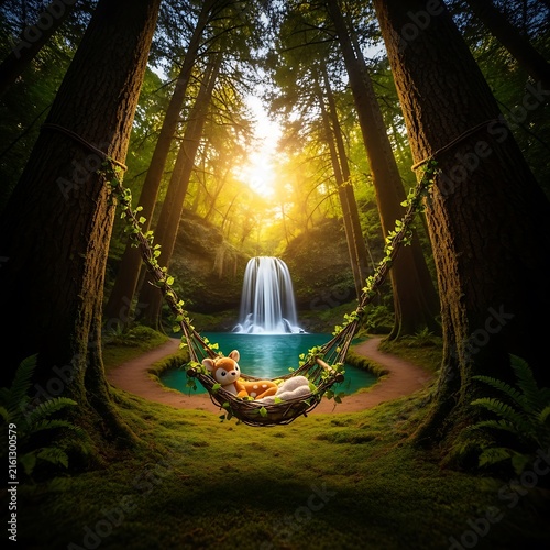 Fawn resting in a vine hammock by a waterfall in a lush forest