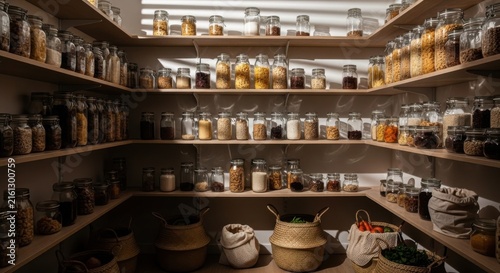 Abundant Pantry Storage With Glass Jars Filled With Food Items Lined Up Neatly