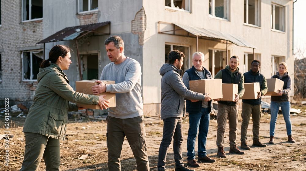 Fototapeta premium Volunteers distribute aid boxes to people in front of damaged building