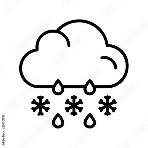 Rain and snow cloud icon with snowflakes and droplets weather vector.