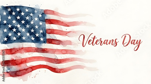 Watercolor illustration of the american flag with the text veterans day on a clean white background