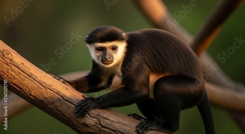 Black and white monkey resting on a wooden branch in golden light