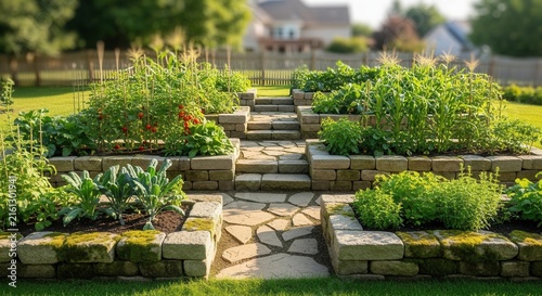 Abundant Raised Garden Beds With Stone Steps And Lush Greenery In A Backyard