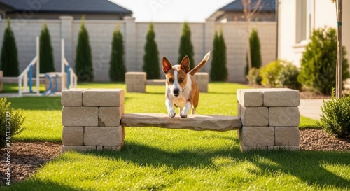 Active Dog Navigating An Agility Obstacle In A Sunny Backyard