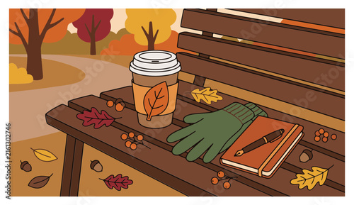 Cozy Autumn Scene on Park Bench with Coffee Cup, Notebook, and Gloves for Fall Concept