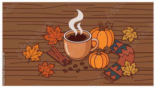 Cozy Autumn Flat Lay Vector Illustration with Hot Coffee, Pumpkins, Cinnamon, and Fall Leaves
