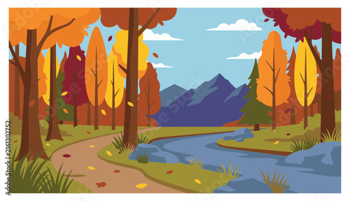 Autumn Landscape Vector Illustration with Flowing River, Hiking Trail, and Mountain Range