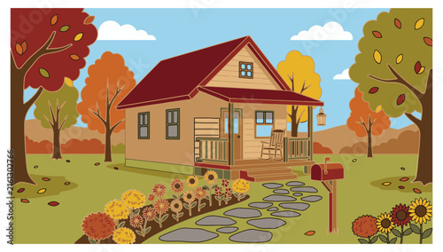 Cozy Autumn Wooden Cabin Vector Illustration with Stone Pathway, Sunflowers, and Fall Trees