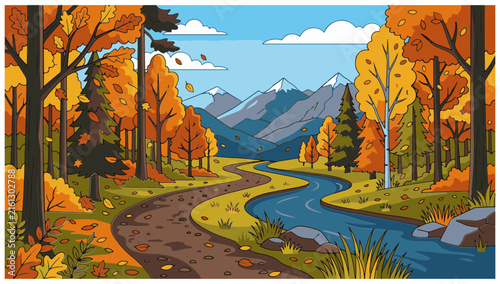 Autumn Landscape Vector Illustration with Winding River, Forest, and Snowy Mountains for Nature Design