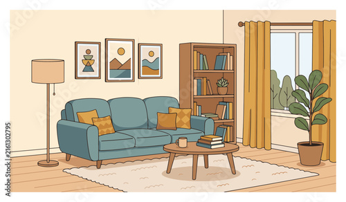 Cozy Modern Living Room Interior Vector Illustration with Blue Sofa, Bookshelf, and Window View