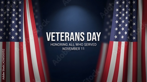 Dramatic background featuring two american flags with a veterans day message