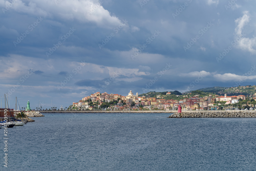 Fototapeta premium Italian Riviera. Imperia old town, view from the sea on a rainy day