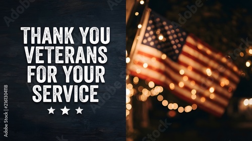 Thank you veterans for your service patriotic message with blurred american flag background