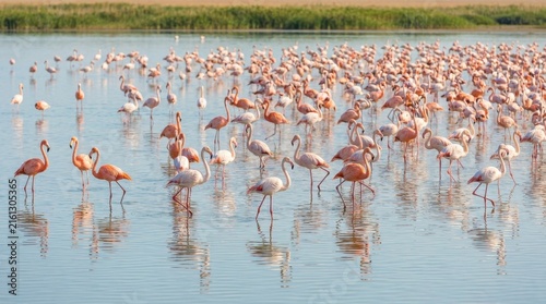 Vast flock of pink flamingos wading in shallow water under a clear sky