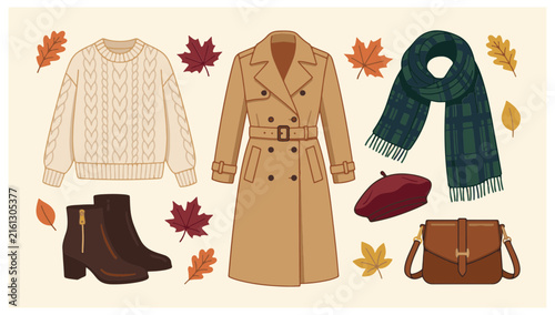 Stylish Autumn Fashion Outfit Vector Illustration Set with Trench Coat, Sweater, Boots, and Accessories