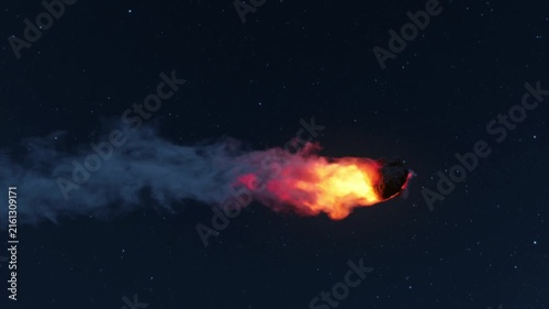 3D Animation of a flying fireball meteor in front of starry sky	