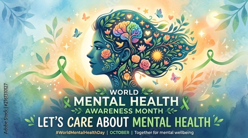 An artistic profile of a woman with floral hair symbolizes mental health awareness. Concept highlights healthcare, well being, mindfulness, and emotional support for commercial use. Generative AI.