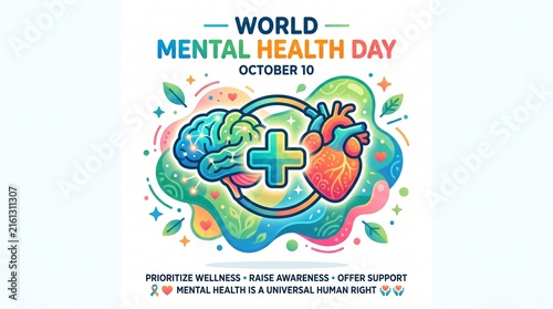 World Mental Health Day poster shows a brain, heart and medical cross with wellness symbols. Concept mental health awareness content for campaigns, social media and editorial use. Generative AI.