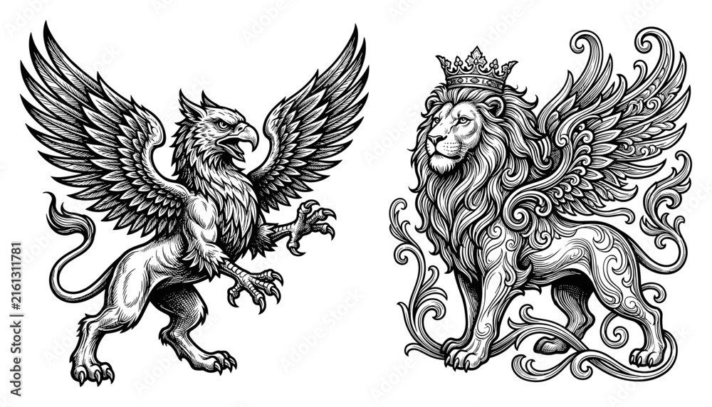 Fototapeta premium Heraldic Griffin and Lion Illustration with Crown and Wings Featuring Heraldry