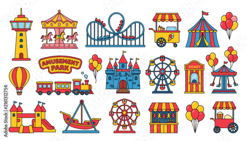 Amusement Park Icon Set – Ferris Wheel, Roller Coaster, Carousel, and Fairground Rides
