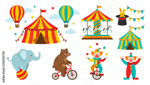 Circus Clipart Set – Flat Vector Illustrations with Tent, Carousel, and Performing Animals