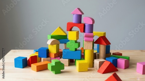 Colorful wooden building blocks on a wooden table