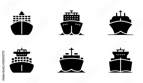 Foto Front view cargo ship icons showing bulk carriers and container vessels on waves for maritime logistics design